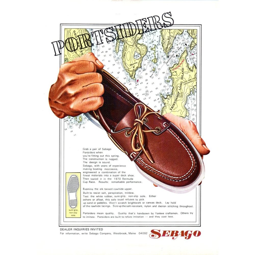 1971 Sebago Portsiders Boat Shoes Vintage Print Ad 70s Nautical Fashion Wall Art
